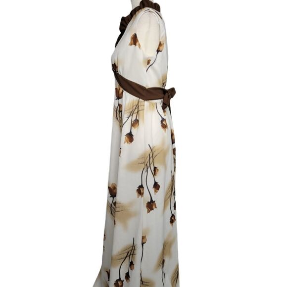 VINTAGE 70s maxi dress ruffle‎ sleeveless brown floral L - Picture 2 of 12